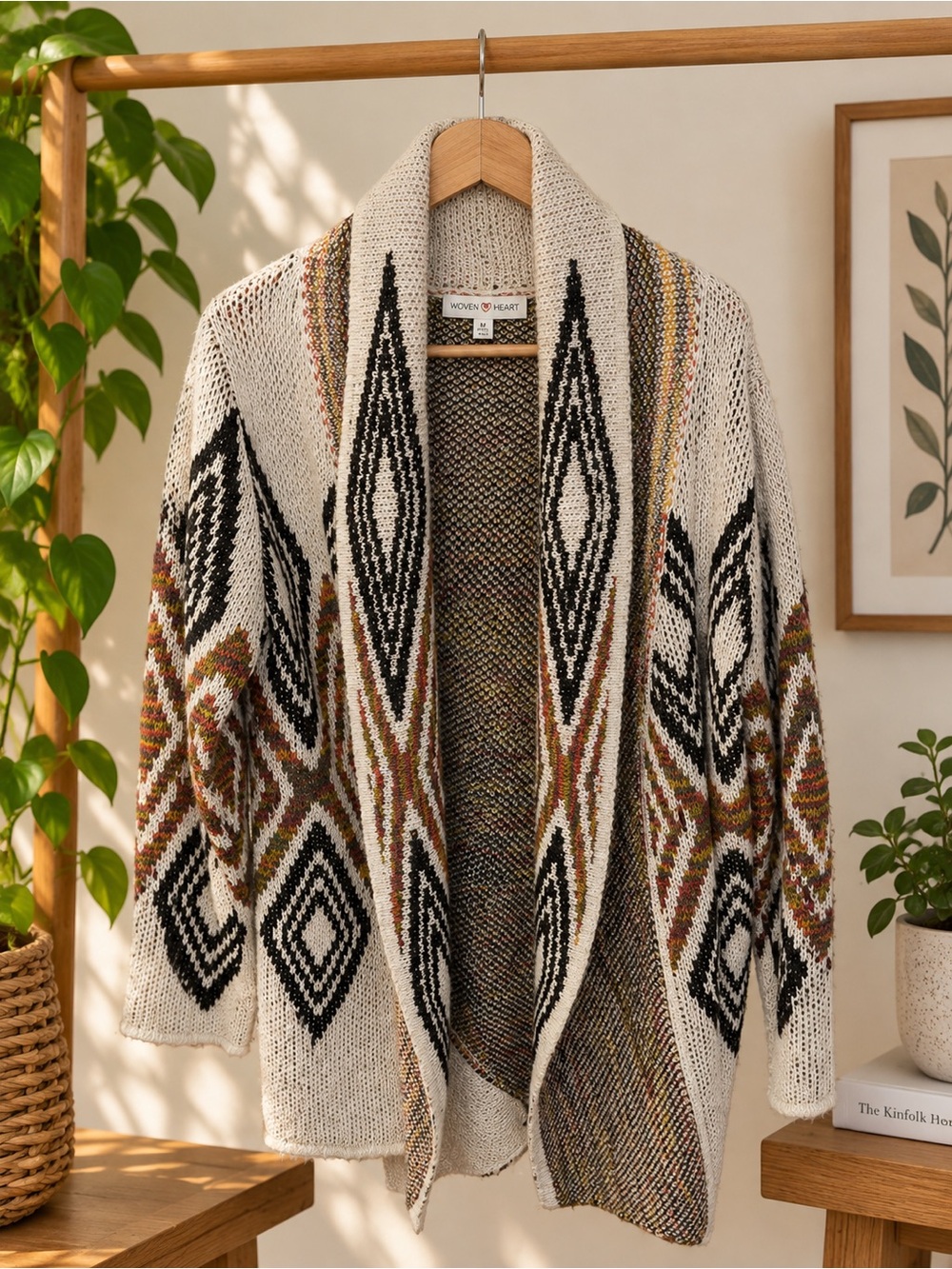 Woven Heart Women’s XL Open Front Aztec Geometric Cardigan Sweater Boho